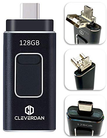 4-in-1 Android and iPhone 128GB Photo Stick USB 3.0 Flash Drive - Compatible with All Your Devices! iPhone iPad Samsung Pixel LG PC Mac (Easy Backup & External Storage + Certified iOS App) Cleverdan