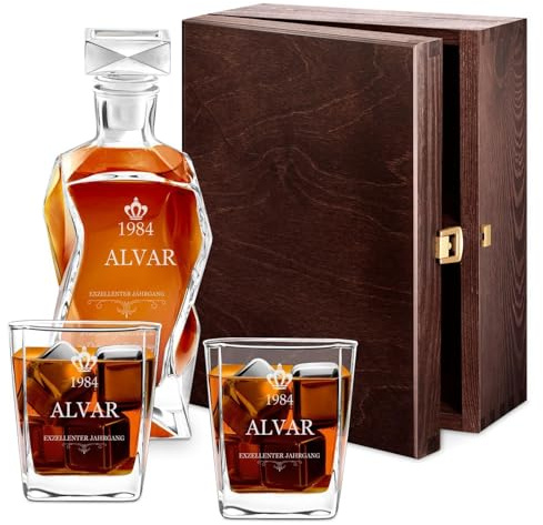 Maverton Whiskey Karaffe + 2/4 / 6er Whiskygläser Set mit Gravur - 700ml Whisky Dekanter - Geschenk zum Geburtstag für Männer - Guter Jahrgang