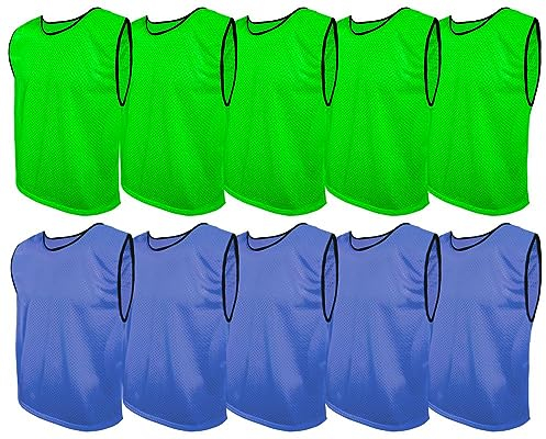 SPORTSBIBS Fußball Leibchen Set 10 Stück: 2 Farben - 5 von jeder Farbe, für Kinder und Erwachsene, Markierungshemd-Trainingsleibchen ohne Logo, Team-Spiel Bibs für Herren Damen Senioren Junioren