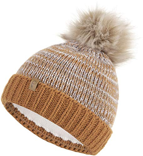 Faera Wintermütze warm gefüttert mit Kunstfell Bommel-Mütze Fleece-Futter Winter Strick-Mütze Beanie-Mütze Damen Herren One-Size 03, Farbe:Braun