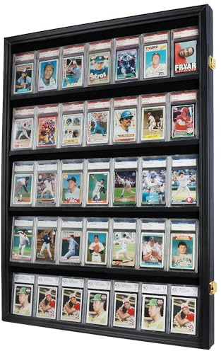 DisplayGifts PRO-Collector's 35 Graded Sports Card Display Case, for Football, Baseball, Basketball, Hockey Cards - 98% UV Protection (Vertical-Black Finish)