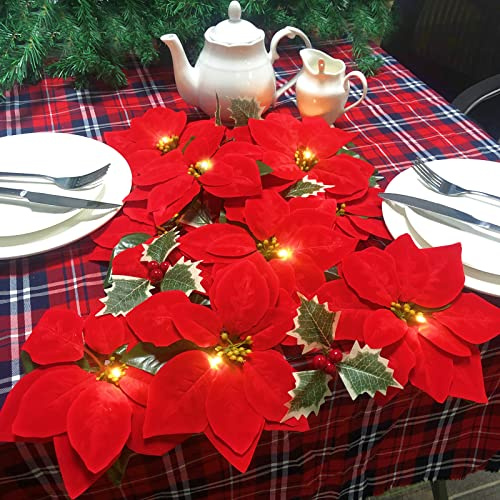 Riaxuebiy Künstliche Weihnachtsstern Lichtschnur 10 LED Rote Beeren Ahornblatt Rebe Fee Girlande Licht Blumenpflanze Weinkranz Lampe Batterie Angetrieben(Rot Poinsettia-LED, 1 Satz)