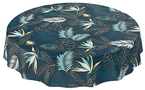 ANRO Wachstuchtischdecke abwaschbar Garten Tischdecke Wachstuch Rund Oval Eckig Indoor Outdoor Blätter Gold Blau Rund 120cm Wachstischdecke wasserabweisend Gartentischdecke Meterware pflegeleicht