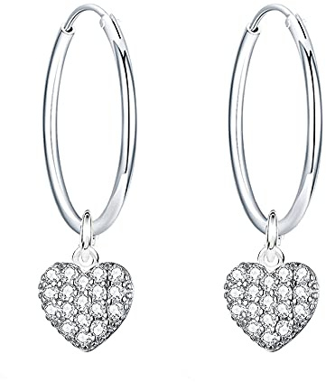 Epoch World örhängen i 925 sterlingsilver, små örhängen, kreoler, hjärta, örhängen, kreoler, silver, diameter 14 mm, örhängen för kvinnor och flickor