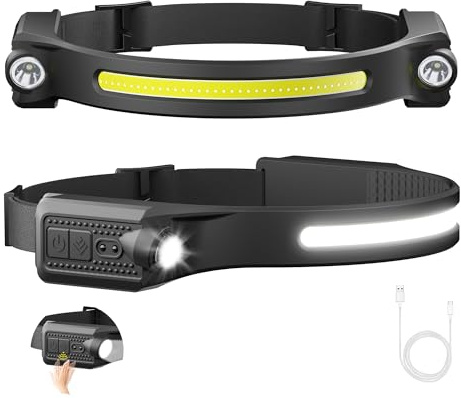 AlpsWolf LED Headlamp Rechargeable, 2 XPE LED and COB LED Head Lamp, Motion Sensor, 260° Wide Beam, IPX4 Waterproof, Rechargeable Headlight for Camping Accessories (2 Pack)