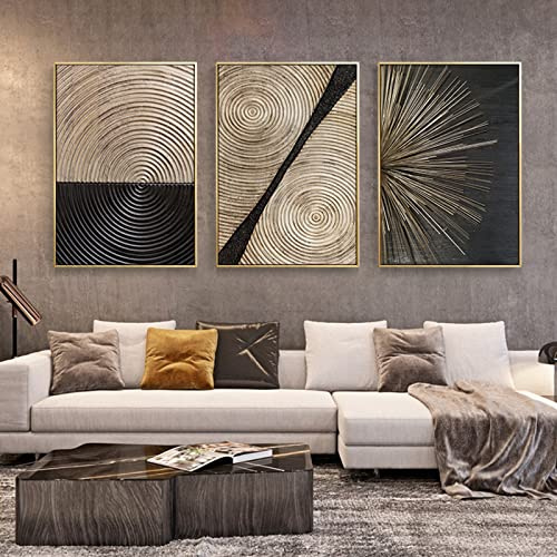 HEHGVCF 3 Stück Leinwand Bilder Schwarz Gold Jahresring Linien Wandbilder Wohnzimmer Home Deko Modern Wandbild Deko Leinwandbild Wanddeko Ohne Rahmen (3 Stück,60 x 90cm)