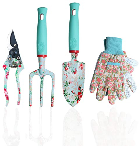MQFORU Set d'outils de Jardinage, 4 pièces pour Femmes, sécateur, Gants, truelle, Outils de Jardinage pour Le Jardinage, Cadeau de fête des mères, Cadeau d'anniversaire, Vert