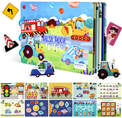 ASTARON Montessori Spielzeug Busy Book, Mitmachbuch Quiet Book für Kleinkinder Vorschule Lernspielzeug Beschäftigung für Kinder im Autofahrt Flugzeug, Geschenke für Kinder (Verkehrsthema)