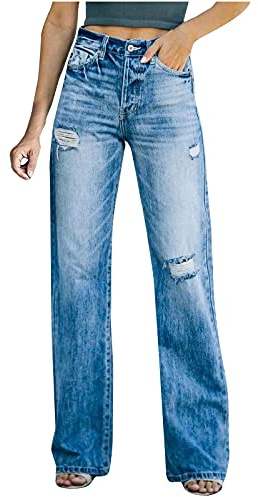 NUSGEAR 2022 Pantalón Mujer Vaquero Roto Jeans Pantalón de Mezclilla Suelto Bootcut Pantalón Largo Denim Rasgados Jeans Pantalones Moda Casual Retro Fiesta Vintage Jeans Primavera y otoño