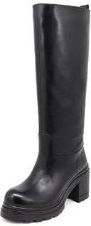 QUEEN HELENA Stivali Alti di Pelle con Tacco Plateau Biker Invernali Donna QH22L291 (Nero, numeric_39)