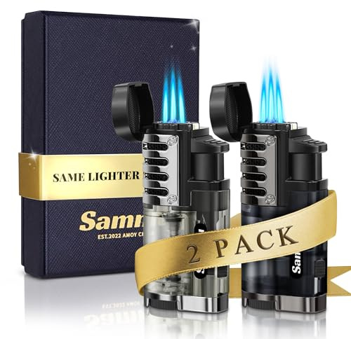 SAMNIU Pack of 2 Torch Lighter, Triple Jet Flames, with Holder, Punch, Visible Gas Tank, Windproof Butane Pocket Lighters for Candle (Gas not Included)