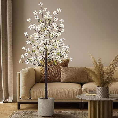 Lightshare 6FT Lighted Dogwood Flower Tree 120L Artificial Plant with Berries Warm White Lights for Spring Indoor Outdoor Home Party Wedding Decoration