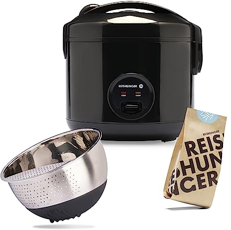 REISHUNGER Reiskocher & Dampfgarer mit Keramikbeschichtung Starterset (10-teilig), Schwarz - inkl. Dämpfeinsatz, Löffel, Messbecher, 8-teiligem Reisset & Edelstahl Reiswaschschüssel