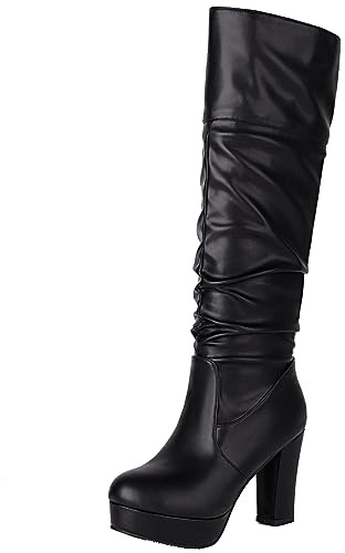 XINXINIO Damen Lässige kniehohe Stiefel mit Blockabsatz und Falten (Schwarz,39)