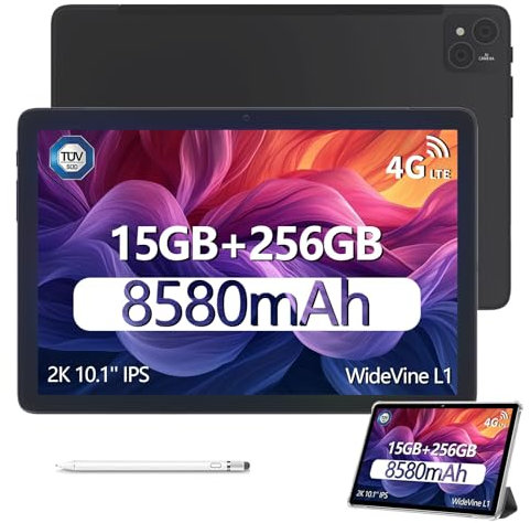 DOOGEE T10 Pro Tablet 10.1 Inch, 15GB RAM + 256GB ROM (1TB TF), T606, Dual 4G LTE Android Tablets, 8580mAh Battery/18W, 13MP+8MP, Widevine L1 /3.5mm -Jack/WiFi 6 /BT 5.0 / TÜV/GPS Tablet, Black