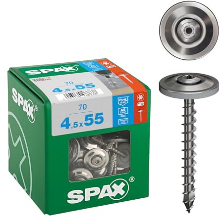 4587000450556 Lot de 70 vis étanches 4,5 x 55 mm, filetage complet, tête fraisée bombée, T-STAR plus T20, 4CUT, en acier inoxydable A2, disque d'étanchéité 15 mm