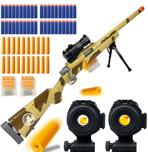 AGM MASTECH M24 Weiche Schaumstoff-Spielzeugpistole, Design mit auswerfenden Patronenhülsen, verbessertes Zielfernrohr, 40 weiche Schaumstoff-Darts, 20 Patronenhülsen, 2 Magazine. (Tarngelb)
