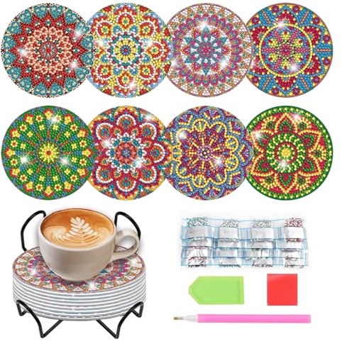YeaHapiday DIY Diamond Painting Coaster Set, 8 Stück Mandala Diamond Painting Untersetzer, Acryl, Kork, Rund, Mehrfarbig