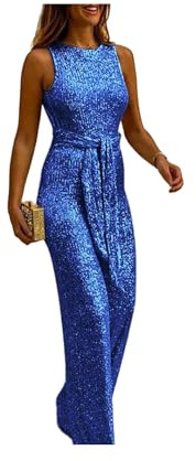 KWTF Jumpsuit kvinnor sommarmode glitter rund hals ärmlös sexig rygglösa paljetter smal lång fest overall med bälte