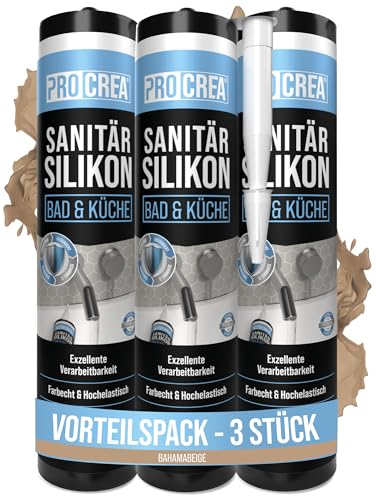 PROCREA® 3x Premium Sanitärsilikon Bad & Küche (Bahamabeige) [mit Anti-Schimmel-Formel] Dichtmasse für innen & außen - Universal Silikon in Profi-Qualität (beige) - Made In Germany