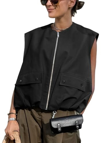 Yimoon Womens Oversized Cargo Vest Zip Up Blazer Vest(Black-S)