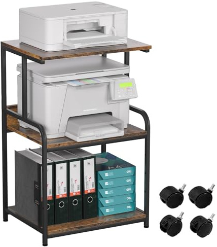 3-Tier Printer Stand, Large Printer Table on Wheels, Movable Printer Stand with Storage, Rolling Printer Cart for Fax Scanner Files Media Player, Multifunctional Trolley for Office Home Kitchen, Brown