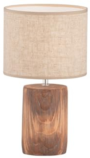 Tischlampe mit Leinenschirm Beige & Betonfuß Holzoptik, 43cm groß