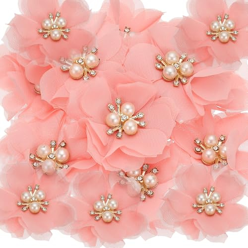 PATIKIL 2,36 Zoll Strass Perlen Chiffon Blume, 15 Stück Nähen Stoff Applikationen für DIY Handwerk Kleidung Stirnbänder Hochzeit Party Dekoration, Hellrosa