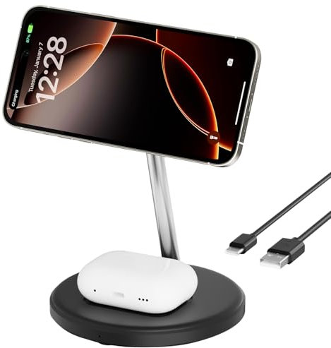 INMOZATA 2 in 1 Magnetic Wireless Charger, Fast Wireless Charger Compatible with iPhone 17/16/15/14/13/12 Series, Samsung Galaxy, Wireless Phone Charger Stand for AirPods, Galaxy Buds-Black