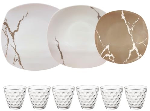 Servizio Piatti 25 Pezzi Per 6 Persone Con Bicchieri e Insalatiera | Resistente Porcellana Bianca e Tortora Design Moderno Marmorizzato Elegante Raffinato | Uso Quotidiano, Lavabile in Lavastoviglie
