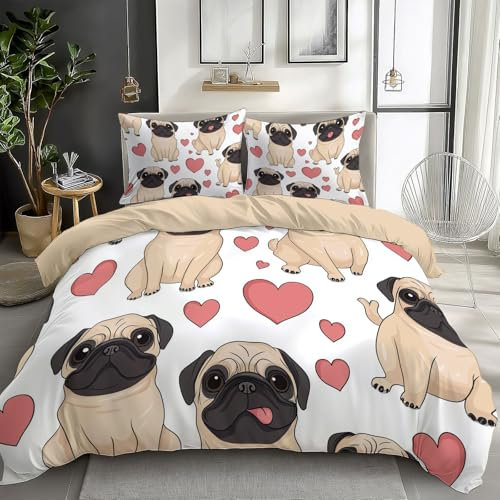 Bedding Set Copripiumino Reversibile 220x230cm 3D Stampa Carlino Dei Cartoni Animati A Forma Di Cuore Morbida Microfibra Ipoallergenico Biancheria da Letto Set 3 Pezzi con Chiusura a Cerniera