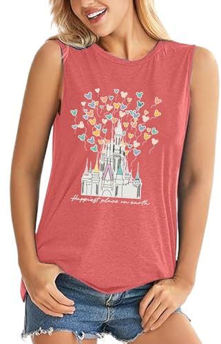 Magic Castle Tank Top Women Happiest Place On Earth Graphic Sleeveless Summer Holiday Vacation Trip Tops Shirts Orangepink M