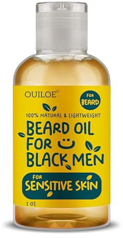 Ouiloe Beard Oil for Black Men with Sensitive Skin - Non Comedogenic Beard Oil - Safe for Acne Prone Skin - Unscented, Soothing, Natural, Lightweight and Non Greasy 2oz