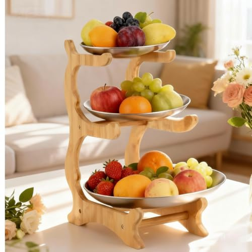 AOOGON Présentoir à fruits à 3 étages en acier inoxydable avec support en bambou naturel pour fruits, gâteaux, bonbons
