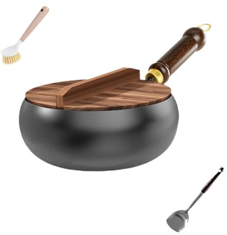 Generisch Japanische Handgeschmiedete Antihaftbeschichtete Eisenpfanne Ohne Beschichtung Mit Holzdeckel für Gasherd Und Induktionsherd (28CM)