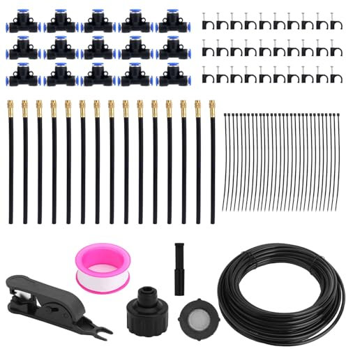 BOXOB 360° Verstellbares Gartenbewässerungssystem Set, 15,24m Gartenbewässerungsset mit 15 Düsen Automatisches Sprühsystem für Gewächshaus Hof Rasen Pflanzen Gemüse und Blumenbeete
