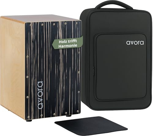 Avora Cajon Black Zebra SET - Percussion Trommelkiste - Stimmbare Gitarrensaiten - Sitztrommel & warmer Klang - Snare-Effekt - Sitzpad aus Neopren - Zebrano Schwarz - Inkl. geposterter Tasche