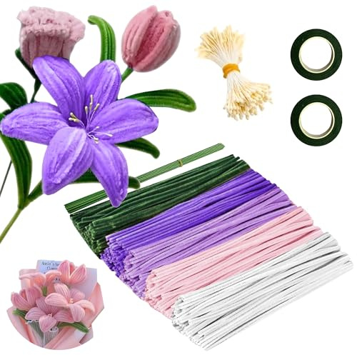 520 Stück Pfeifenreiniger Basteln Violett, 5 Farben Pfeifenreiniger Blumen mit 20 Grün Basteldraht,Klebeband,Ein Bündel Staubgefäße,DIY Bastelprojekte und Dekorationen Pfeifenputzer Bunt