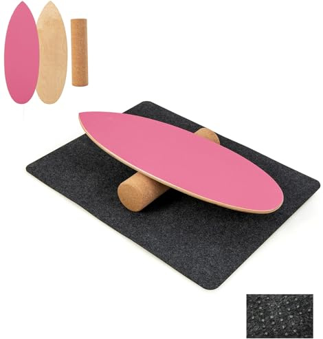 GYMAX Balance Board aus Holz, 15 mm BalanceBoard mit 10mm Korkrolle & rutschfeste Matte aus Filz, Indoor Surfboard, Wackelbrett, Gleichgewichtsboard für Kinder & Erwachsene