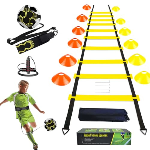 HOTGOSP Accessori per allenamento da calcio, scala di coordinazione, 6 m, 12 cappelli, allenatori di calcio e corda per saltare, set da allenamento per calcio, regalo per ragazzi e bambini