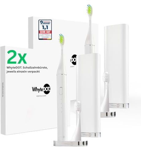WhyteDOT® Doppel-Set, elektrische Zahnbürste – Schallzahnbürste, leise & sanft, 2 Bürstenköpfe: gründlich & sensitiv, 3 Modi, Timer & UV-Reiseetui – von Zahnärztin gegründet