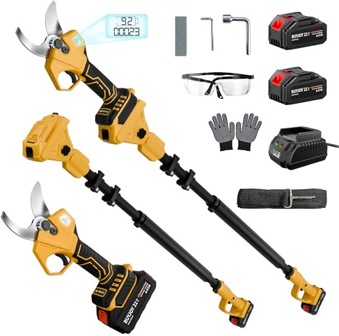 2-in-1 Pole Pruning Shears, 1.6 Cutting Diameter Cordless Electric Pole Pruners - Brushless Motor, 2x4.0Ah Batteries, Extra SK5 Blade, 4 Modes Adjustable Branch Cutter for Garden & Flower (Yellow)