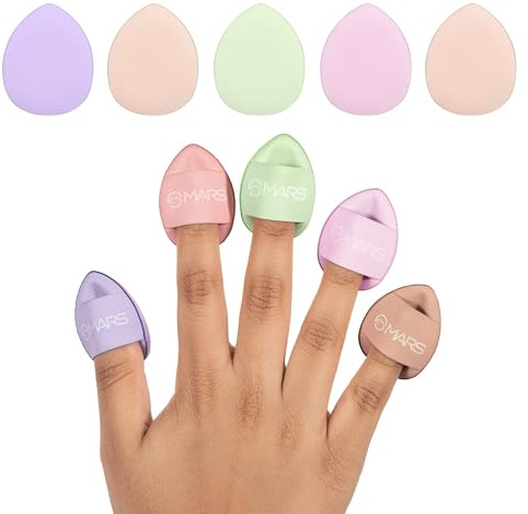 MARS Finger passar mini multifunktionella makeuppuffar (förpackning med 5) | precisionsblandning, inställning och touch | för under öga, näsa och detaljområden | mjuka, tvättbara och återanvändbara