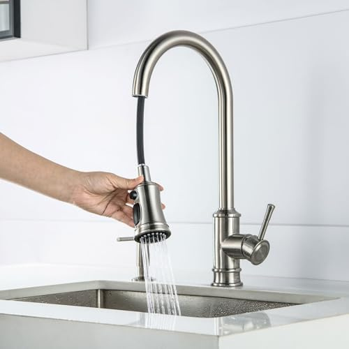 Kitchen Faucet Vintage Kitchen Taps Mixer w/Pull Out Spraye 3 Spray Pattern | Kitchen Sink Mixer Tap PsycheCove with Single Lever with 3 Spray Patterns, Brushed 304 Stainless Steel, 360° Rotatable
