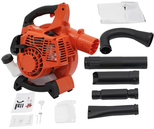 Soplador de hojas de gasolina, 25,4 cc, 2 tiempos, 7500 r/min, con depósito de combustible de 0,9 L, aspiradora de hojas con bolsa para el cuidado del césped, limpieza de hojas y limpieza de nieve