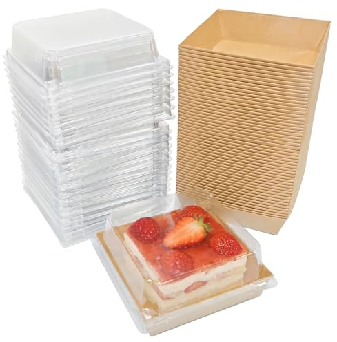 Laurraine 100 Pack Cake Slice Boxes, 12cm Brown Paper Bakery Containers | with Clear Lids, for Sandwich Cookies Macarons Bakery, Disposable Food Grade, Charcuterie Serving