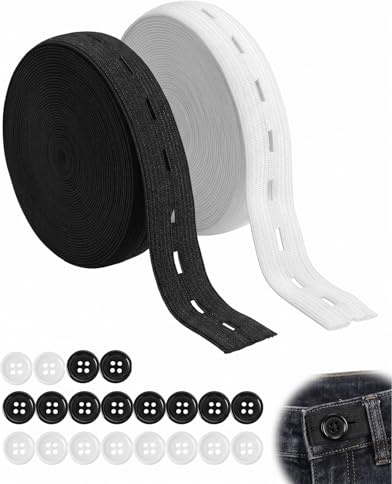 KAHZOR 2 Stück 1.5cm Lochgummiband Set Je 5M Schwarz & Weiß, Gummiband Zum Nähen Mit 20 Knöpfen Zum Nähen | Knopflochgummi für Verstellbare Hosenbünde, Röcke & DIY Kinderkleidung, Gummiband Nähen