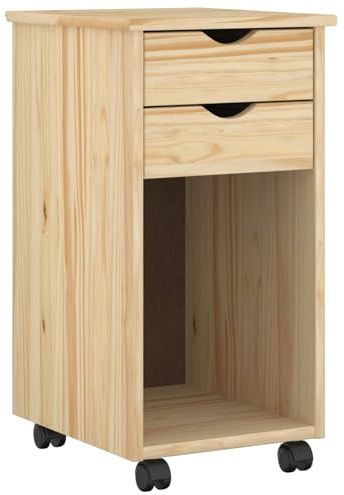 GeenYuu Rollschrank Braun aus massivem Kiefernholz 34 x 39 x 65,5 cm mit 2 Schubladen und Stauraum für Büro, Flur und Hauswirtschaftsraum