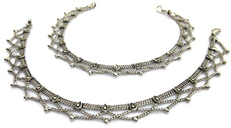 Handmade Womens Boho Anklets Pair | Silver Plated Brass Copper Metal Chain Vintage Antique Oxidized Finish | Inidan Payal Feet Ankle Bracelet Fashion Jewelry | Traditional Bollywood Festival Gypsy