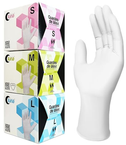 MUNTRADE Guantes Desechables de Látex - 50 unidades/cubo, Sin Polvo, Guantes Látex (Blanco, L)
